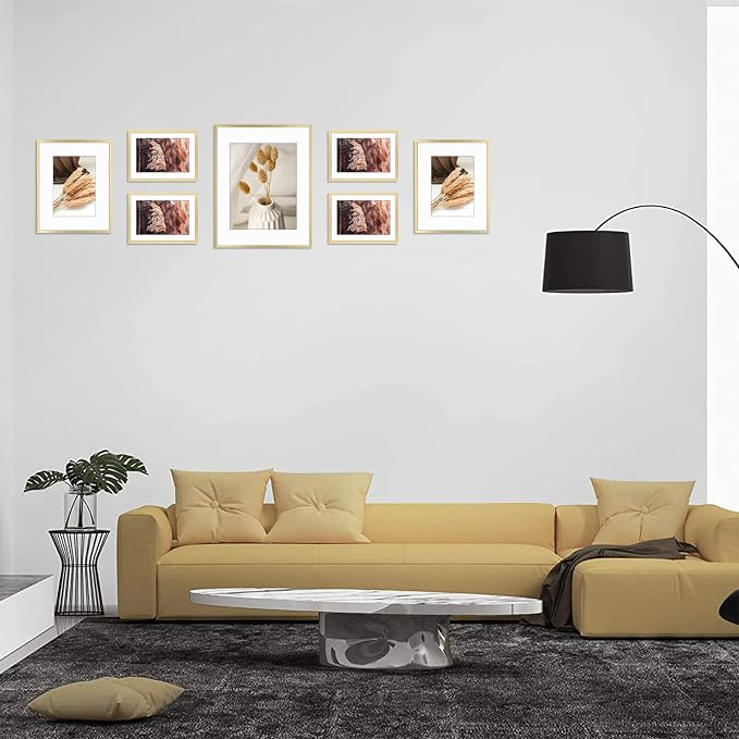Golden State Art 7 Pack Gold Aluminum Frame with White Mat, Real Glass | Includes One 11x14, Two 8x10, Four 5x7 Frames with Sawtooth Hangers for Wall Mounting. Great for gallery wall