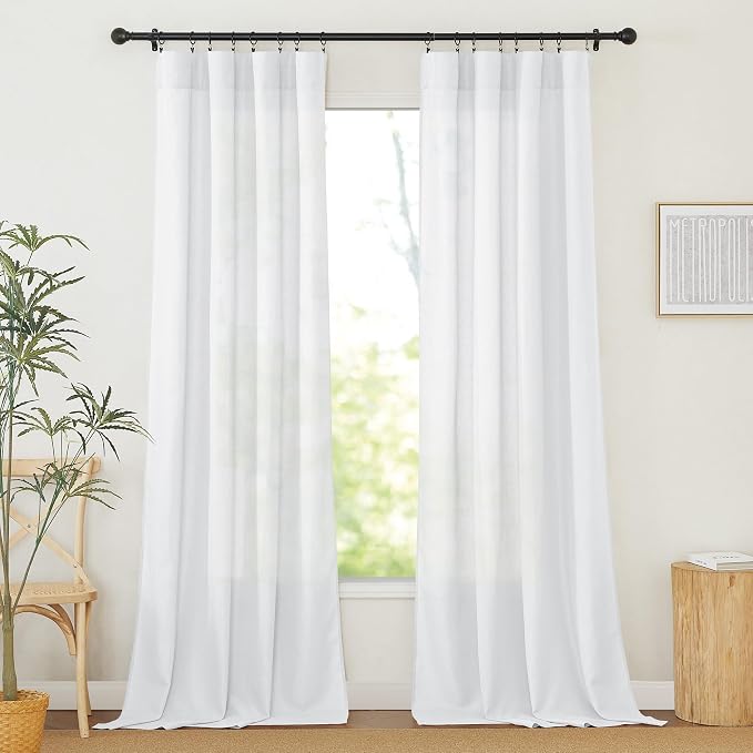 RYB HOME Linen Sheer Curtains 2 Panels for Living Room, Semi Transparent Privacy Drapes with Rod Pocket Farmhouse Style Window Treatments for Bedroom, White, 70" W x 95" L