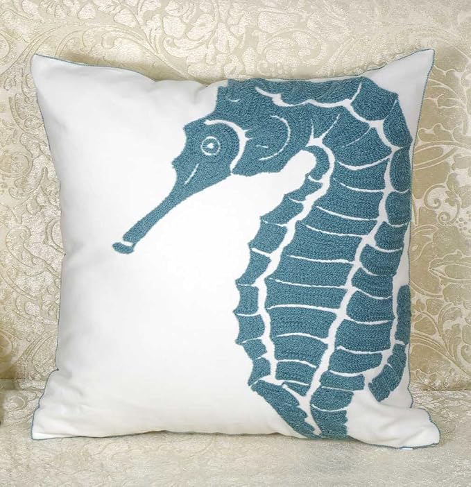 Embroidered Nautical Decor Pillow Cover,Square 18 Inches Decorative Canvas Pillow Cover for Nautical Style Deco by (Seagreen-Seahorse-New)