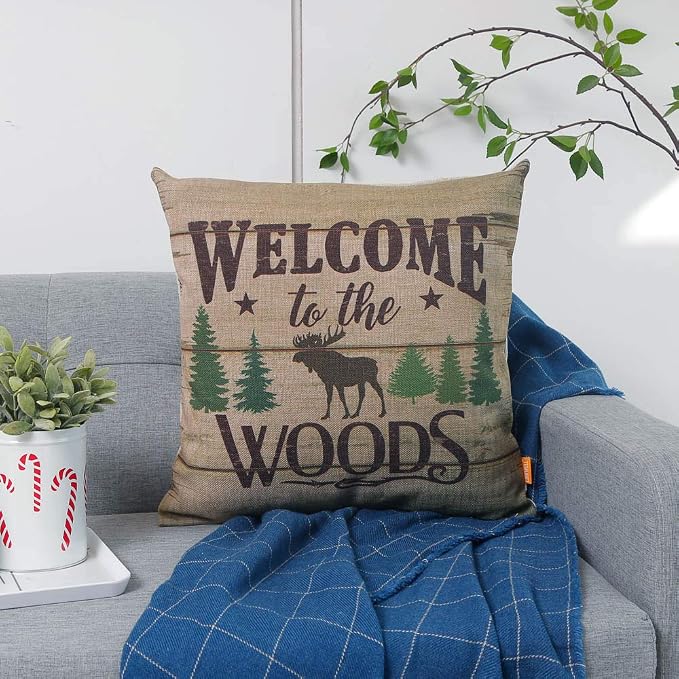 Lodge Cabin Pillow Cover 18x18 Inch Welcome to the Woods Moose Design Home Sofa Decorative Throw Cushion Cover Furniture Square Printed Pillowcase Hidden Zipper CC1787