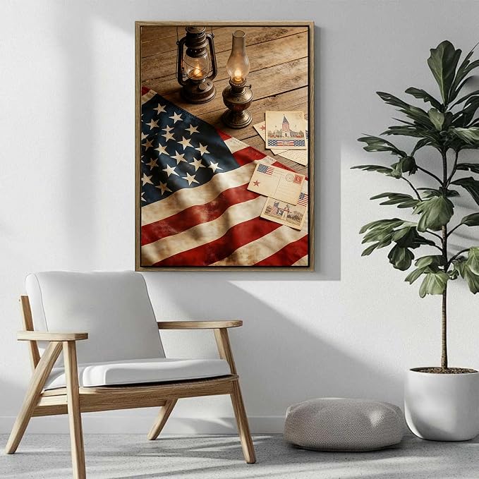 American Flag Framed Canvas Wall Art, 4th of July Patriotic Canvas Prints | USA Flag with Picture Poster Print, Modern Independence Day Wall Decor for Bedroom Living Room Office 8×10in