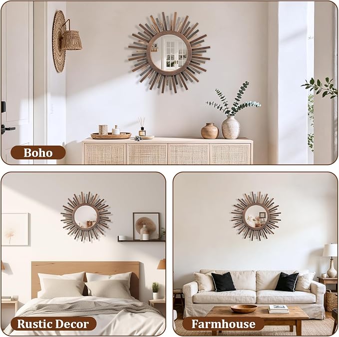 18 Inch Boho Sunburst Mirror, Decorative Rustic Farmhouse Wall Decor for Living Room, Bedroom, Bathroom, Hallway - Tricolor Wood Frame