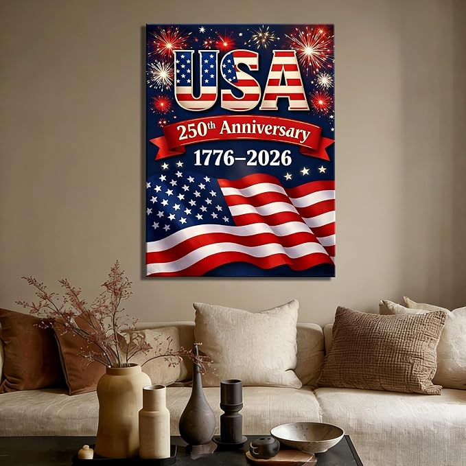 USA 250th Anniversary 1776-2026 Canvas Wall Decor, Patriotic Fireworks American Flag Wall Art, Independence Day Framed Canvas Prints for Home & Holiday Decoration, Made in USA