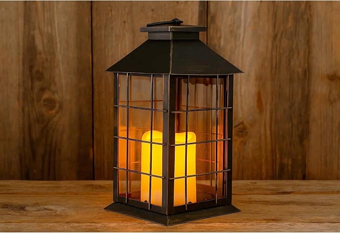 Seraphic 11" Rustic Decorative Candle Lantern – Vintage Metal & Glass Holder for Pillar Candles – Farmhouse Tabletop & Hanging Lantern for Indoor or Patio Decor, Bronze Brushed