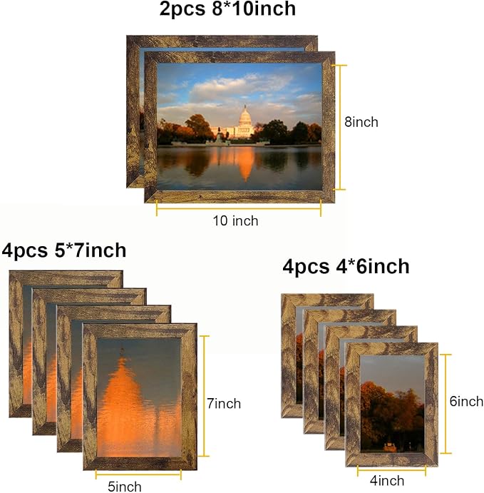 Picture Frame Set 10 pack, Farmhouse Photo Frames, Gallery Wall Frame Collage, with Two 8x10, Four 5x7, Four 4x6 Photo Frame set, in 3 Different Finishes Picture Frames For Wall or Desk,Rustic Brown