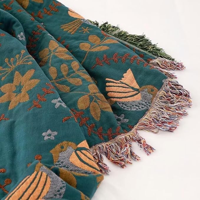 Boho Throw Blanket for Bed 100% Cotton Bohemian Blankets Ultra Soft Woven Muslin Decorative Blankets All Seasons Vintage Quilt Knitted Blanket for Sofa Chair(Blue, 50"x60")