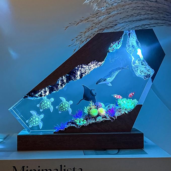 Handmade Humpback Whale Resin Ocean Lamp with Wooden Base