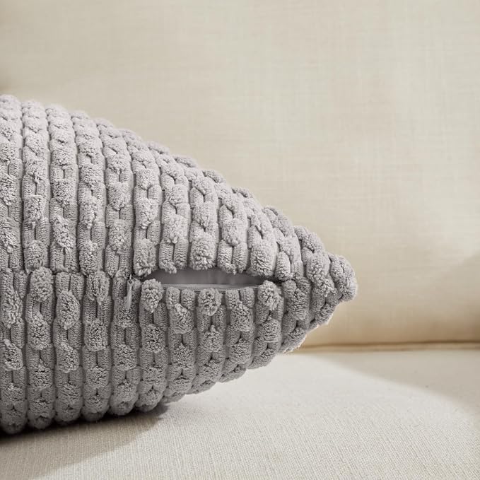 Fancy Homi Set of 2 Boho Grey Lumbar Decorative Throw Pillow Covers 12x20 Inch for Couch Bed Chair, Neutral Farmhouse Home Decor, Soft Fluffy Corduroy Rectangle Aesthetic Cushion Case 30x50 cm