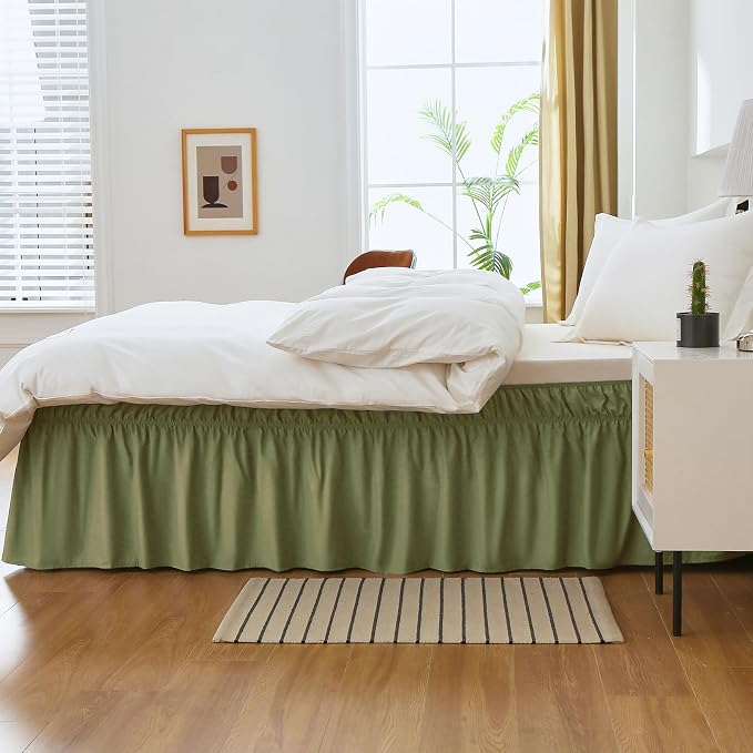 MEILA Wrap Around Elastic Bed Skirt for Queen & King Beds, 24" Drop,Sage | Three-Side Adjustable Elastic Dust Ruffle, Ruffled Polyester Fabric, Easy to Install, Fade Resistant & Machine Washable