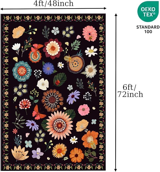 Ciicool 4x6 Washable Area Rug Floral Living Room Rugs for Bedroom Bedside | Soft Low Pile Carpet for Hallway Entryway Playroom Laundry Office Home Boho Non-Slip Black Carpets