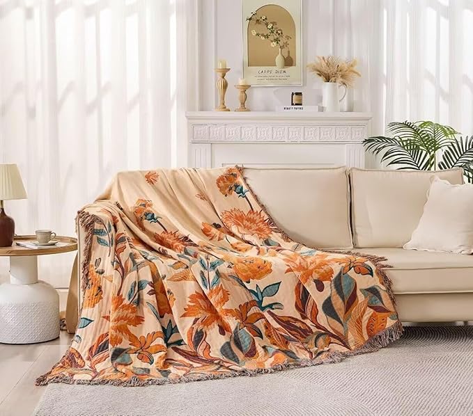 Boho Throw Blanket for Bed 100% Cotton Bohemian Blankets Ultra Soft Woven Muslin Decorative Blankets All Seasons Vintage Quilt Knitted Blanket for Sofa Chair(Orange, 60"x80")