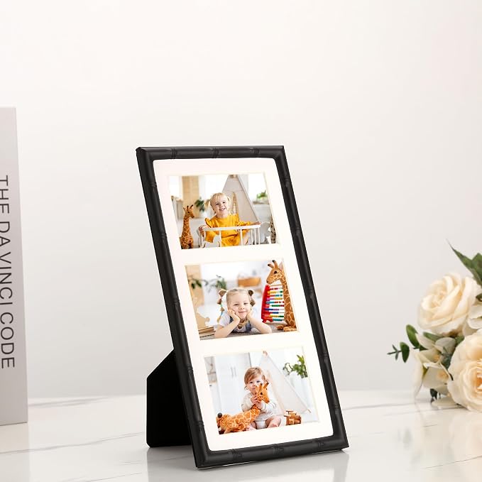 3-2x3'' Black Multi Metal Picture Frames,3 section frames 2pack, Elegant Bamboo Detail Designs Plated Photo Frames 3-2x3'' Baby Nurse frames With Soft Touch Velvet Backing for Desktop and Wall Décor(Black)