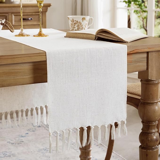 Cotton Linen Table Runner, 13x36 Inch, Off White with Hand Tassels | Linen Style Rustic Farmhouse Table Runners 36 Inches Long for Home Dresser Kitchen Dining Table Decor, Machine Wash