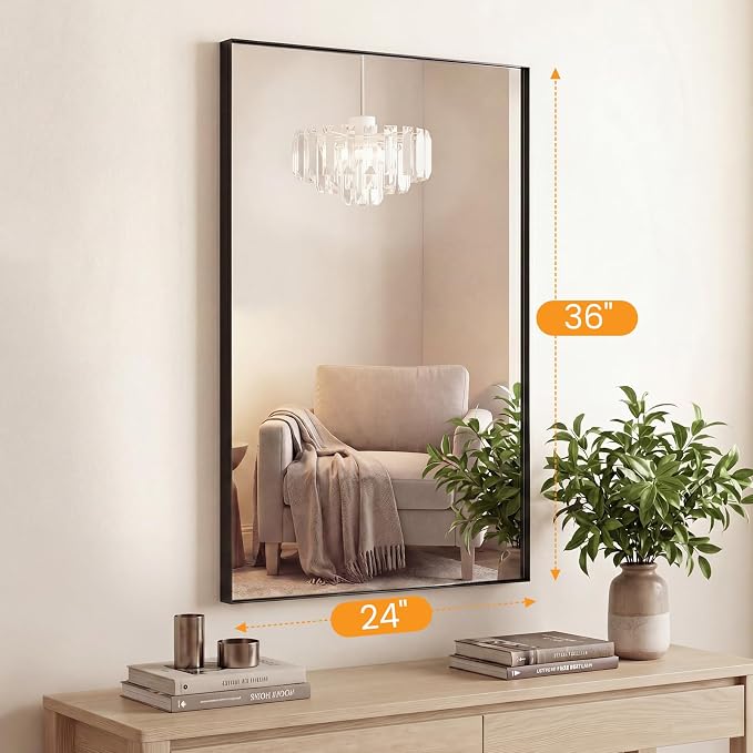 Bathroom Mirrors for Over Sink, 24" x 36" Rectangle Wall Mount Mirror with Metal Frame, Modern Vanity Mirror with Tempered Glass, for Home Decor, Anti-Rust, Black