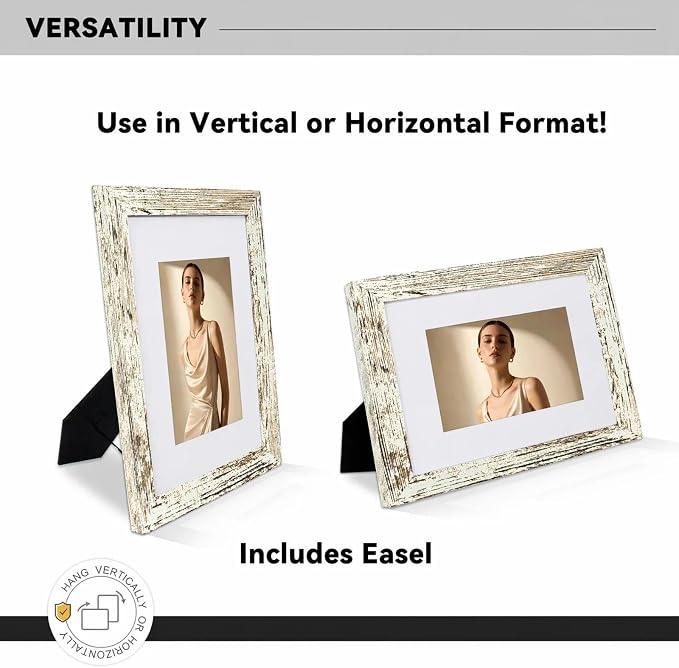 8x10 Picture Frame-Vintage White,5x7 Mat,Tempered Glass,Engineered Wood