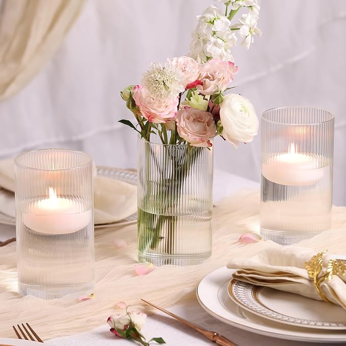6 Inch Clear Glass Ribbed Cylinder Vases for Centerpieces, Pack of 6 | Flower Vases for Wedding & Home Decor, Hurricane Floating Candle Holders for Table & Shelf & Party