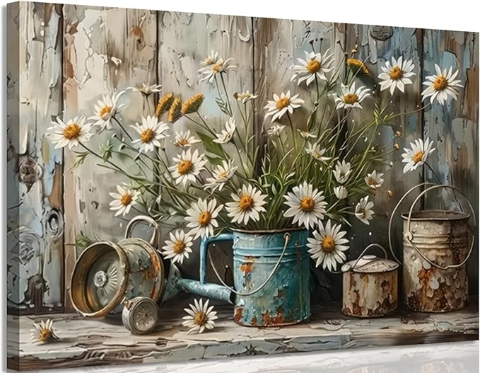 Rustic Farmhouse Daisy Canvas Wall art Vintage Country White Daisy Picture Wall Decor Neutral Still Life Flower Botanical Painting Artwork for Farmhouse Bedroom Bathroom Home Decoration 16x24in
