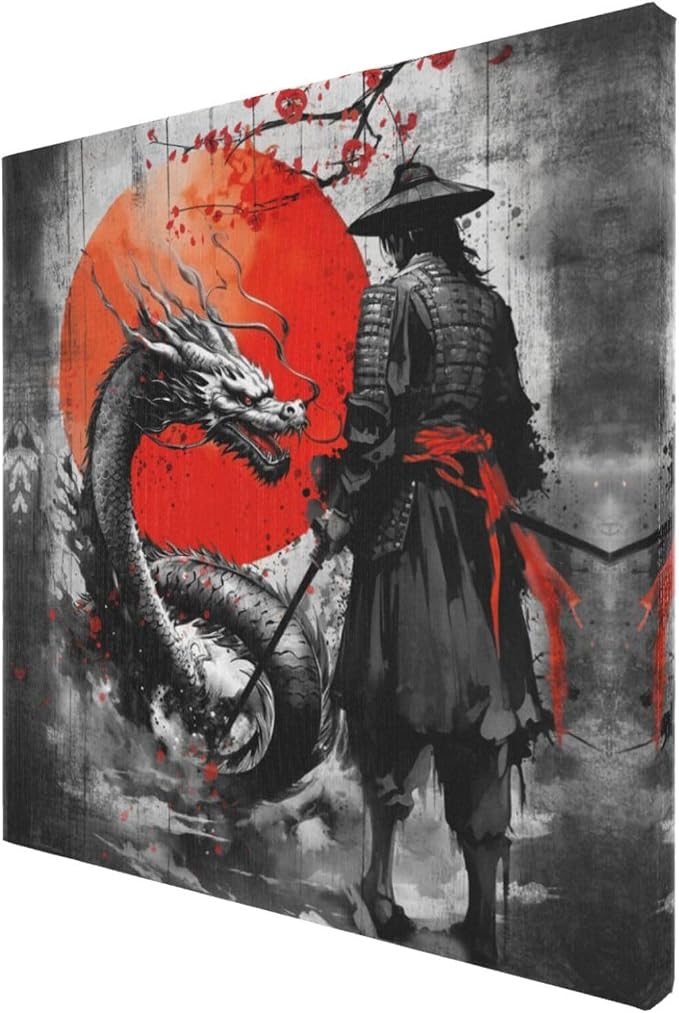 Wesluin 16"x16" Samurai Dragon Canvas – Red Sun Japanese Wall Art | Legendary duel unfolds beneath the rising crimson orb. Monochrome warrior versus beast. Hook included, ready to hang.
