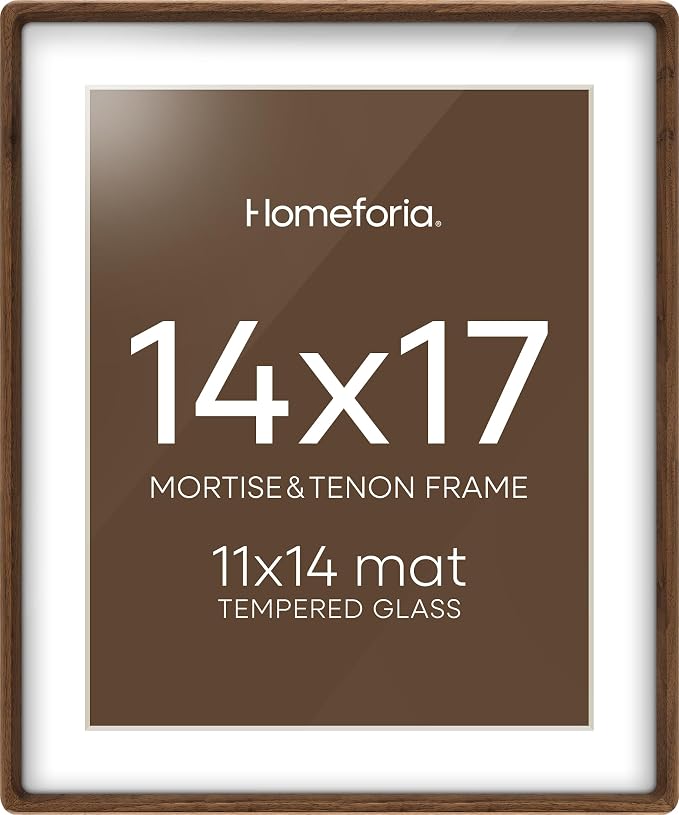 Homeforia 14x17 Mortise&Tenon Walnut Picture Frame, 11x14 Mat, Glass