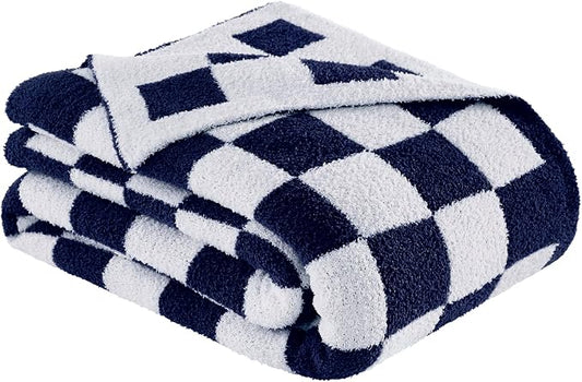 Checkered Throw Blanket for Couch, Soft Cozy Warm Knitted Blankets | Lightweight Fuzzy Travel Warm Decor for Women, Mom, Girls, Sofa, Chair, 50x70in, Dark Blue