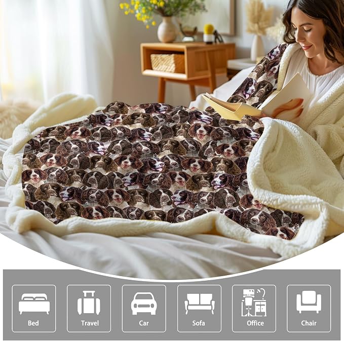 BlessLiving Fuzzy Dog Blanket for Kids Adults Puppy Lovey Fleece Blanket Reversible Animal Pattern Sherpa Throw (English Springer Spaniel, 60 x 80 Inches)