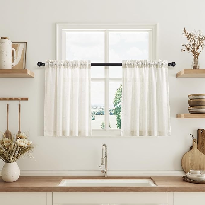 Linen Kitchen Curtains Tier 24 Inch Long for Cafe Rod Pocket Natural Cream Semi Sheer Curtain 2 Panel Light Filtering Half Window Drapes for Bathroom Basement Camper RV Beige Ivory 30x24
