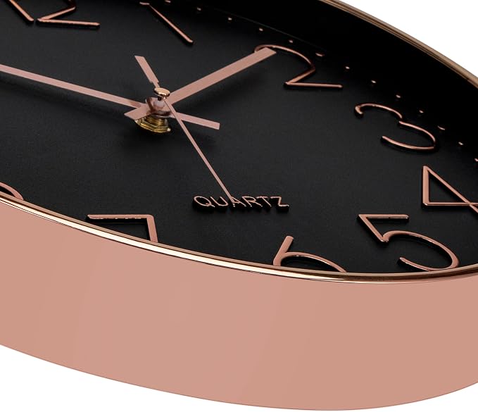 Foxtop Modern Wall Clock 12 Inch Non-Ticking Silent Battery Operated Round Quartz Rose Gold Wall Clock for Office Bedroom Living Room Kitchen Home School Decor (Black Dial)