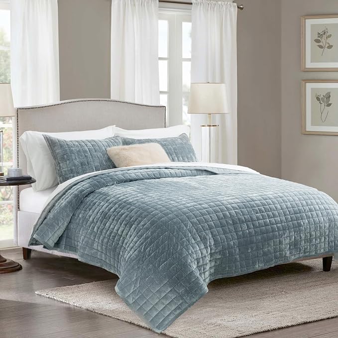 RECYCO Channel Box Stitch Velvet Quilt Set, Full Queen Size, Blue Linen | Ultra Soft Lightweight Velvet Comforter, Luxury Oversized Bedspread Coverlet, Quilted Bedding Set for All Season with 2 Shams