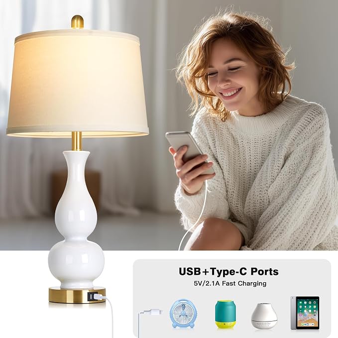 CINSARY 27" Double Gourd Ceramic Lamp Single, Modern White Bedside Table Lamps with USB A+C Ports, Classic Bedroom Lamp for Nightstand, Chinoiserie Lamps for Living Room Side End Table Desk Home Decor