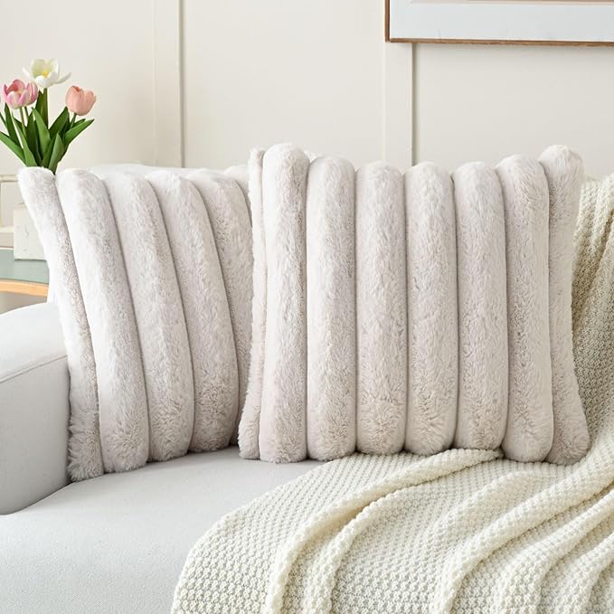 HAUSSY Pack of 2 Pillow Covers 20x20 Inch, Faux Fur Decorative Couch Throw Pillows Soft Striped Plush Cushion Covers Home Decor Cute Furry Pillowcase for Living Room Sofa Bed, Beige (Covers Only)