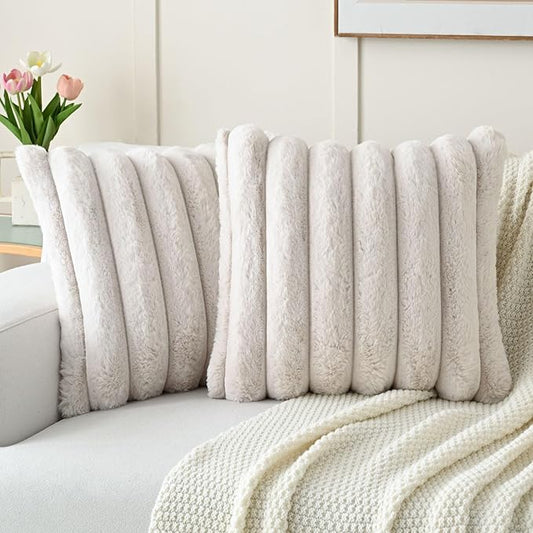 HAUSSY Pack of 2 Pillow Covers 20x20 Inch, Faux Fur Decorative Couch Throw Pillows Soft Striped Plush Cushion Covers Home Decor Cute Furry Pillowcase for Living Room Sofa Bed, Beige (Covers Only)
