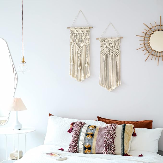 Mkono 2 Pcs Macrame Wall Hanging, Boho Woven Chic Tapestry Decor, Ivory