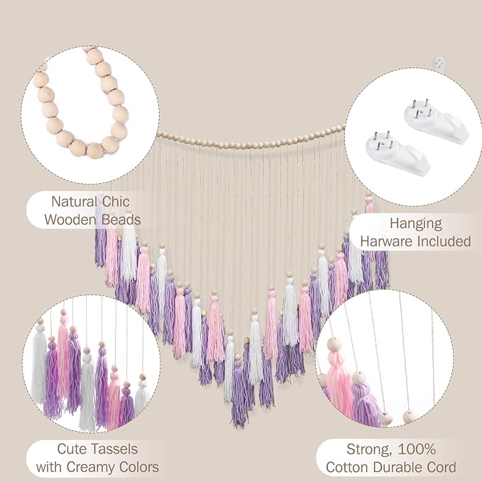 Luxbrand Pink & Purple Macrame Hanging Boho Wall décor, Large Tassel Wall Hanging with Wood Beads, Purple Wall Decor for Bedroom Living Room Girls Room Nursery, 41" W x 32" H