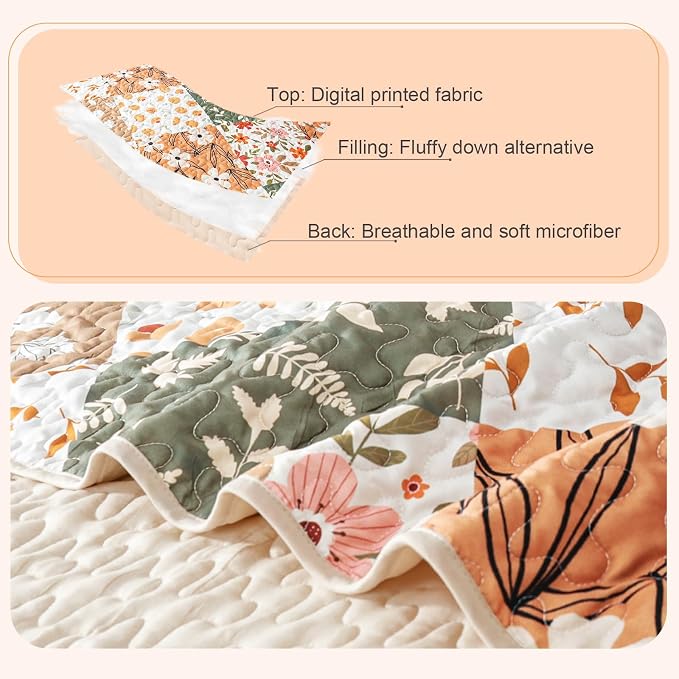 Whale Flotilla California King Size Quilt Set, Extra Soft Floral Bedspreads | Orange Reversible Lightweight Oversized King Quilt Bedding Set for Bed, Printed Coverlets with 2 Pillow Shams for All Seasons