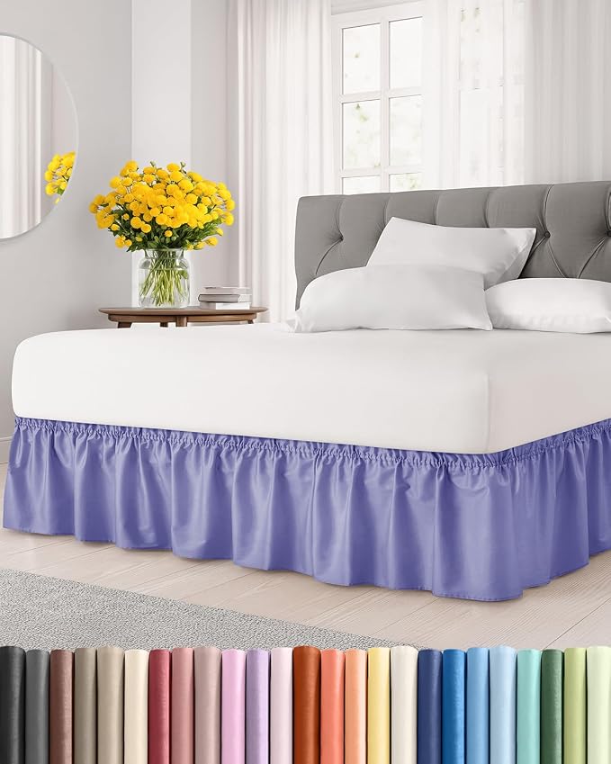 Wrap Around Dust Ruffle Bed Skirt - Lavender - for Full Size Beds w/ 14 Inch Drop - Easy Fit Elastic Strap - Adjustable Pleated Bedskirt with Brushed Fabric - Wrinkle Free - Women, Men, Kids & Teens