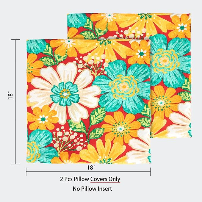 Magpie Fabrics Pack of 2 Outdoor Waterproof Throw Pillow Covers 18 x 18 Inch, Decorative Cushion Sham Pillowcase Shell for Garden Patio Balcony(Embry Red Hibiscus)