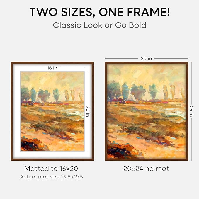 Homeforia 20x24 Brown Oak Picture Frame, High-End Wood, 16x20 Mat, Glass