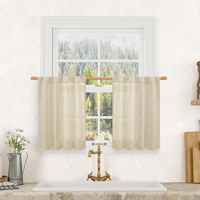 Kitchen Semi Sheer Linen Curtains 24 Inch Length for Cafe, 2 Panels | Light Filtering Panels, Short Curtains for Small Window Over Sink, Bathroom, Rod Pocket Back Tab, Linen, 25 x 24 Inch
