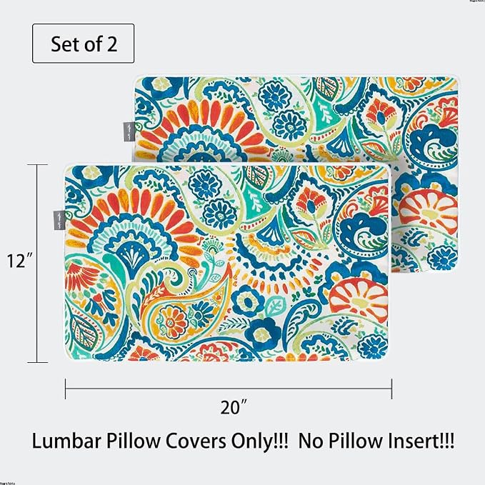 Magpie Fabrics Patio Lumbar Pillow Covers ONLY 20"x12", Set of 2, Outdoor Indoor Cushion Cases Decorative Throw Rectangular Pillowcase Shell for Couch Garden - Paisley Multi