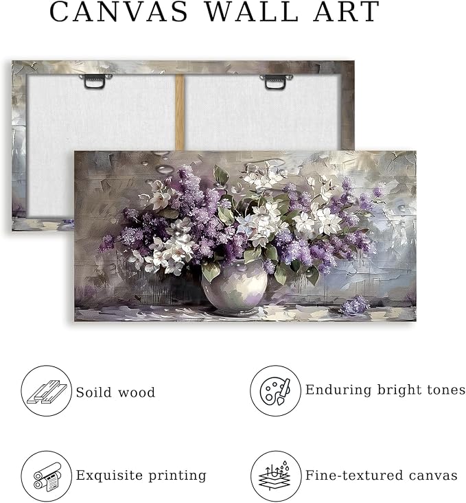 SERIMINO Still Life Large Wall Art, Purple Floral Canvas Prints 20"X40" | Vintage Vase Flowers Wall Decor, Purple Floral Pictures, Living Room Bathroom Kitchen Decor, Ready To Hang, Vibrant Colors