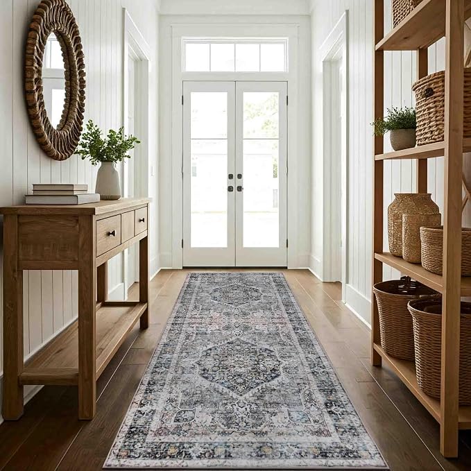 Machine Washable Area Rug, Soft & Durable, Non-Slip, Stain Resistant Rug for Bedroom, Living Room, Dining Room, High Traffic Areas. (Soft Gray Blue, 2.5' X 10')