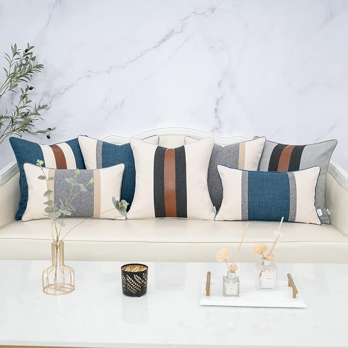 Yangest Patchwork Pillow Cover 20x20 Inch Luxury Cotton and Linen Cushion Cover Square Pillowcover for Couch Bedroom Living Room, Blue
