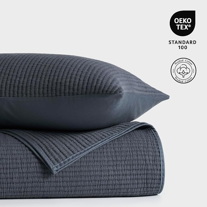 EVERGRACEHOME Cotton Ribbed Matelassé Coverlet Set, Queen, Midnight Blue | Soft Lightweight Bedspread, 3 Pieces, Breathable Cozy Oversized Quilted Bedding Set for All Seasons, with 2 Pillow Shams