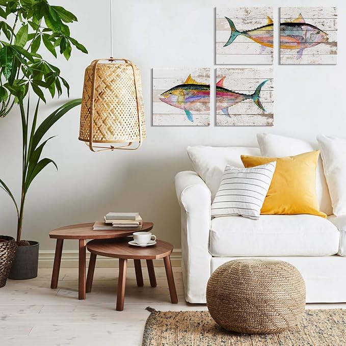 Tuna Fish Wall Decor Ocean Canvas Art Beach Bathroom Coastal Decor Rustic Fish Pictures Kitchen Nautical Sea Animal Painting Marine Life Artwork for Bedroom Dinner Room Modern Home Decorations 16x16"