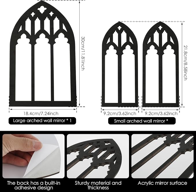3 Pcs Gothic Arched Window Wall Mirror Set, Cathedral Arched Mirror Decor, Self-Adhesive Wall Mount for Living Room, Bedroom, Bathroom, Vanity, Entryway (31-B Model, Black)