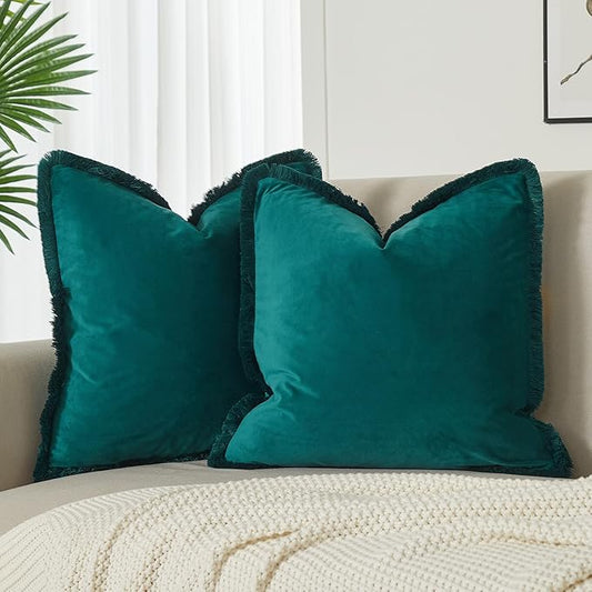 JUSPURBET Peacock Blue Decorative Velvet Fringe Throw Pillow Covers 26x26 Set of 2 Boho Soft Cushion Case for Home Decor Living Room Couch Sofa Bed
