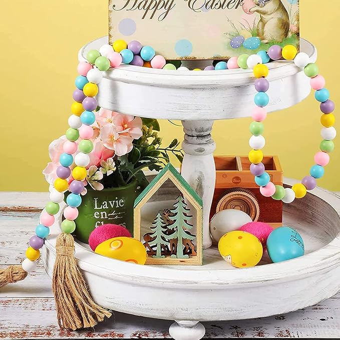Easter Wood Beads Garland with Tassel, 2 Pack Spring Boho Decor, 34" Long, Pink, Blue, Yellow, Green, Lavender, White Beads, Round Shape
