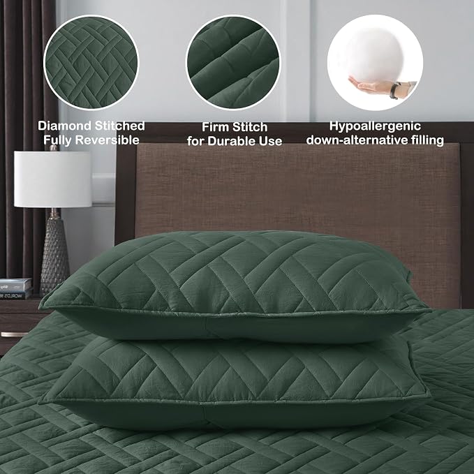 HORIMOTE HOME Quilt Set Twin Size Dark Green, Classic Geometric Diamond Stitched Pattern, Ultra Soft Microfiber Lightweight Bedding Set Bedspread Coverlet for All Season with 1 Quilt 1 Pillow Sham