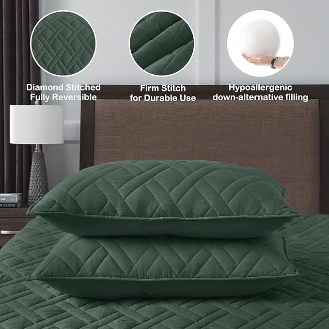 HORIMOTE HOME Quilt Set King Size Dark Green, Classic Geometric Diamond Stitched Pattern, Ultra Soft Microfiber Lightweight Bedding Bedspread Coverlet for All Season with 1 Quilt 2 Pillow Shams