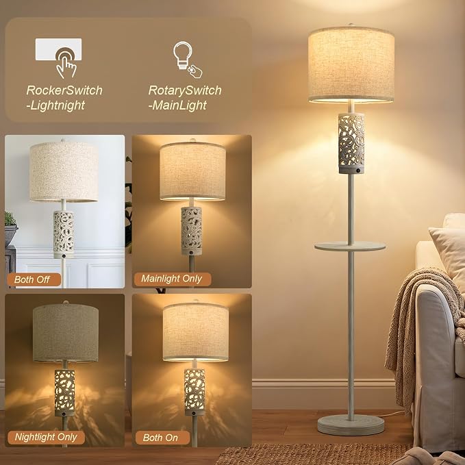 OYEARS 65" Farmhouse Floor Lamp for Living Room, Vintage Dimmable Floor Lamp with Table, Main&Night Light, Dual Switches&Remote Control, Tall Standing Lamp for Bedroom Nursery, Bulb Included, White